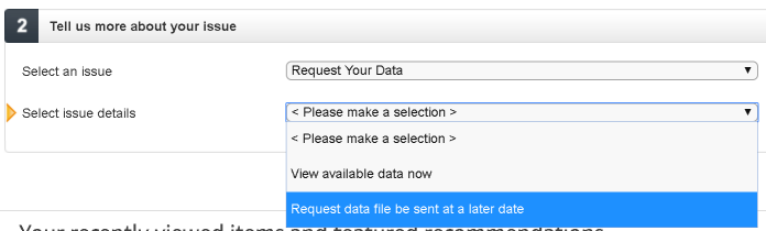 The second drop-down on Amazon's contact page, showing the data request option